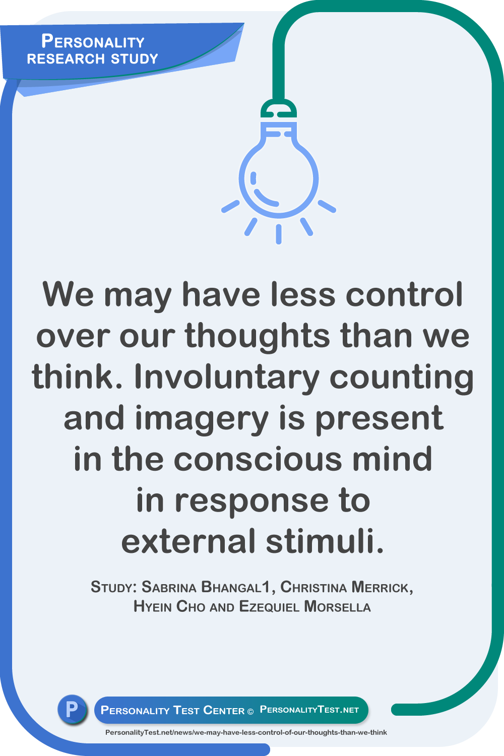 We may have less control of our thoughts than we think. Involuntary counting and imagery is present in the conscious mind in response to external stimuli. Study: Sabrina Bhangal1, Christina Merrick, Hyein Cho and Ezequiel Morsella